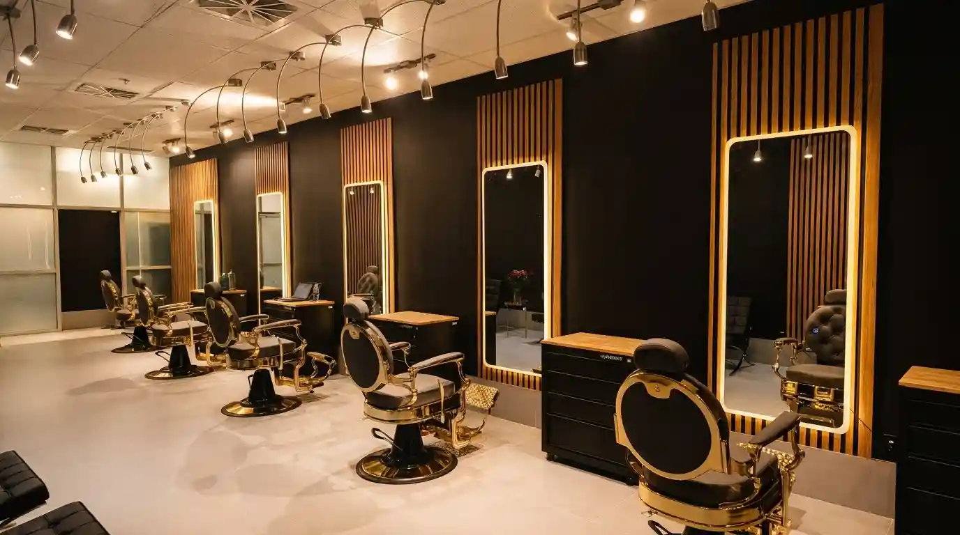 Le salon A21 : fauteuils de barbier et miroirs rétroéclairés